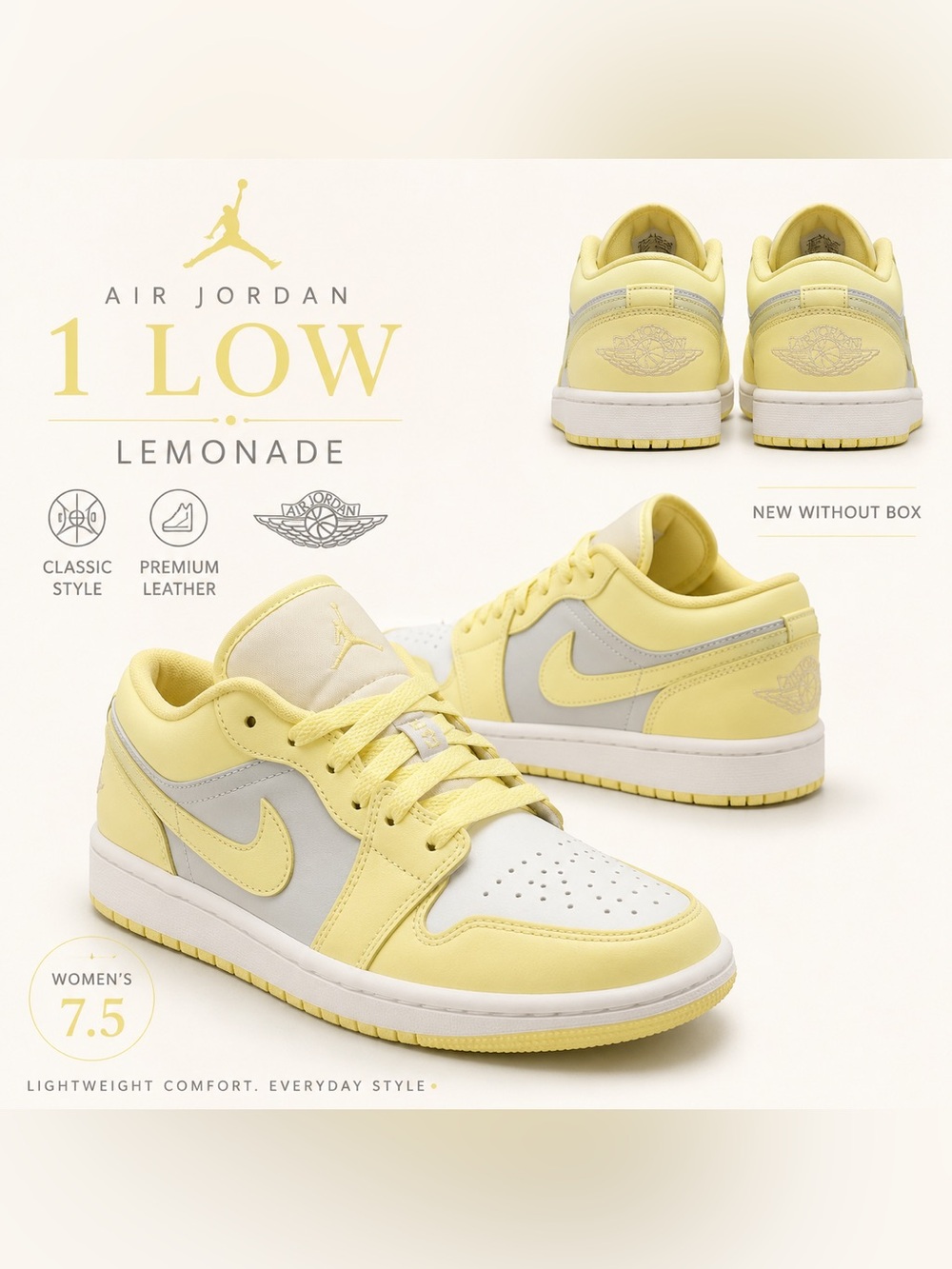 Nike Air Jordan 1 Low Lemonade White Yellow Leather Sneakers Women’s 7.5 NWOB
